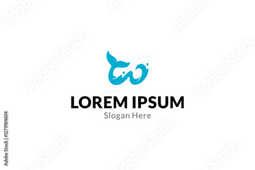 W letter logo with whale tail combination in blue flat design style