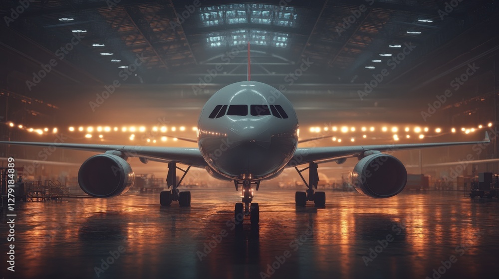 Modern Airplane in Hangar with Dramatic Lighting and Reflections Modern Airplane in Hangar with Dramatic Lighting and Reflections