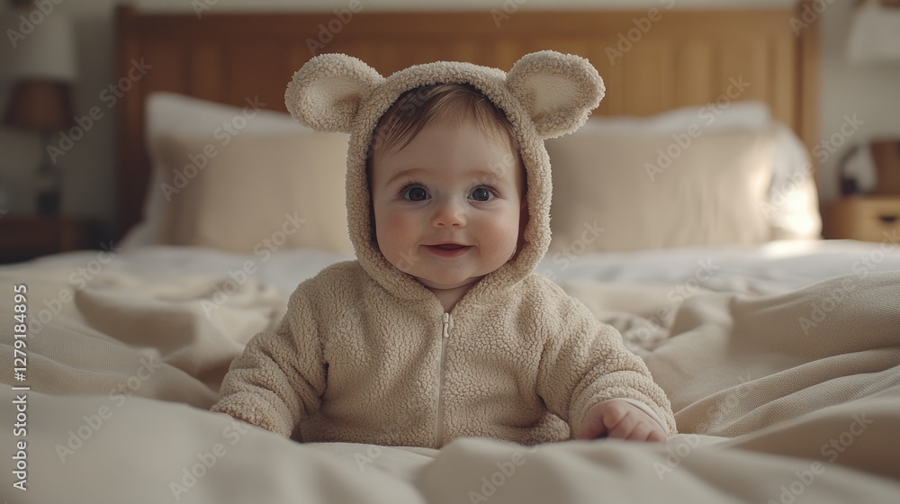 Cute caucasian baby in bear onesie smiling on cozy bed. Easter, Pascha, Paskha, Ostern, Pascua, Paques - Orthodox and Catholic Holiday celebration Cute caucasian baby in bear onesie smiling on cozy bed. Easter, Pascha, Paskha, Ostern, Pascua, Paques - Orthodox and Catholic Holiday celebration