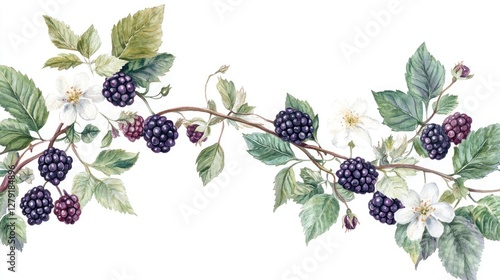Blackberry branch with blossoms, watercolor painting, nature, design element