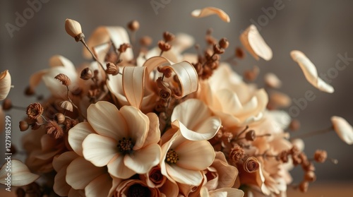 Floral Arrangement: Soft, pastel-toned blossoms and delicate ribbons create a serene, elegant composition.