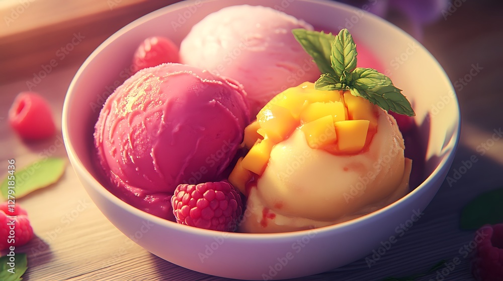 Delicious Ice Cream Scoops with Mango and Raspberry in White Bowl Delicious Ice Cream Scoops with Mango and Raspberry in White Bowl