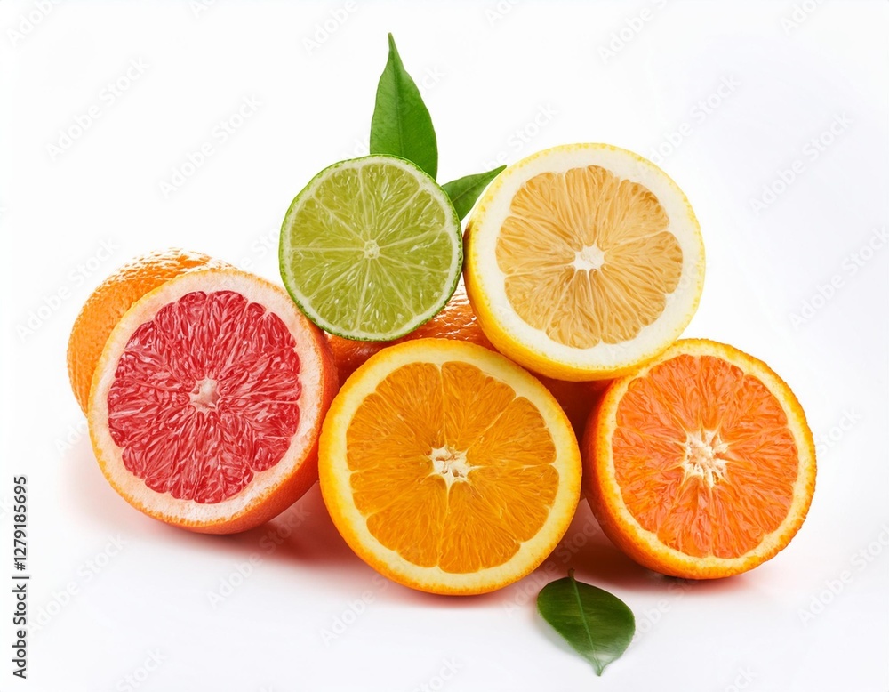 Freshly Cut Citrus Fruits Isolated on White Background for Vitamin-Rich Diet Freshly Cut Citrus Fruits Isolated on White Background for Vitamin-Rich Diet