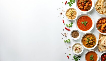 Top view various Indian dishes in white plates on isolated background. Spicy chicken, vegetable curries, lentil dhal, masala rice, naan bread. Traditional asian meal flatlay assortment on clean table.