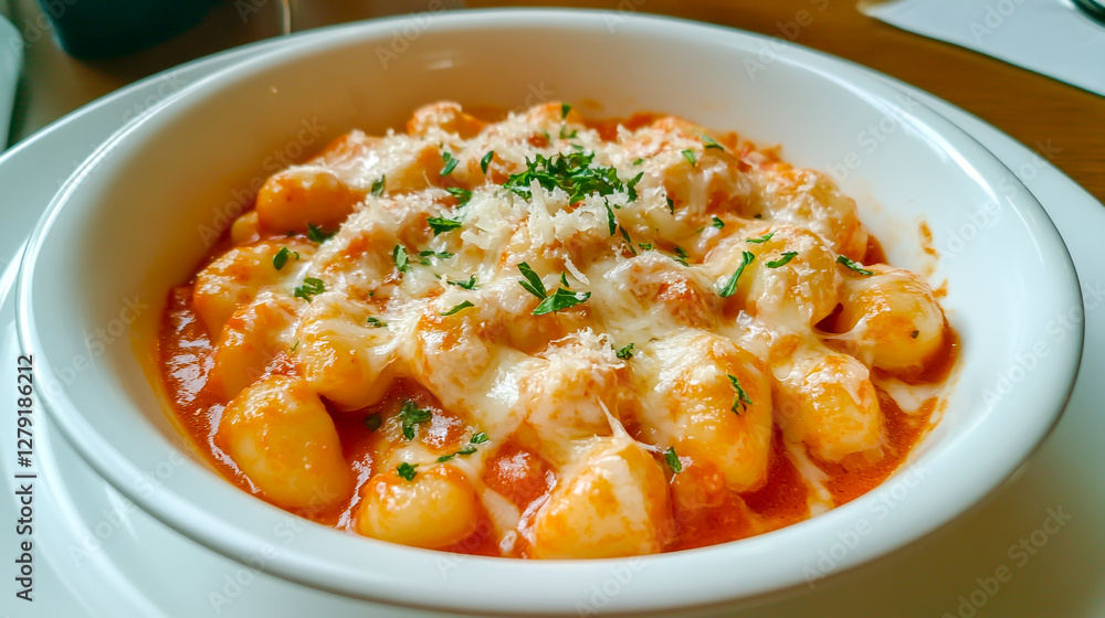 Gnocchi in Rich Tomato Sauce with Melted Cheese and Herbs Gnocchi in Rich Tomato Sauce with Melted Cheese and Herbs