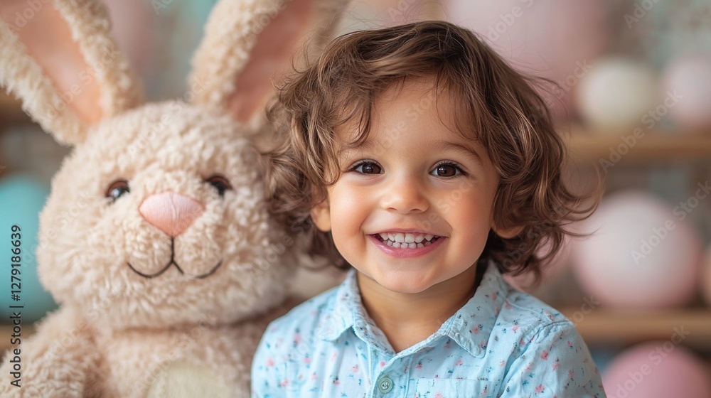Smiling hispanic child with curly hair and plush bunny toy. Easter, Pascha, Paskha, Ostern, Pascua, Paques - Orthodox and Catholic Holiday celebration Smiling hispanic child with curly hair and plush bunny toy. Easter, Pascha, Paskha, Ostern, Pascua, Paques - Orthodox and Catholic Holiday celebration