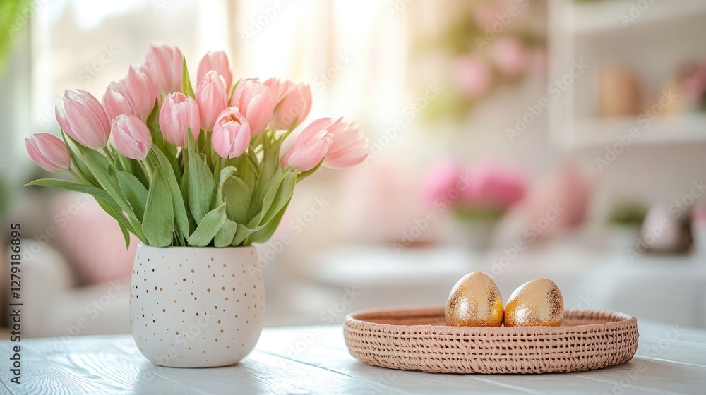 Spring decor with pink tulips in vase and golden eggs in basket on table. Easter, Pascha, Paskha, Ostern, Pascua, Paques - Orthodox and Catholic Holiday celebration Spring decor with pink tulips in vase and golden eggs in basket on table. Easter, Pascha, Paskha, Ostern, Pascua, Paques - Orthodox and Catholic Holiday celebration