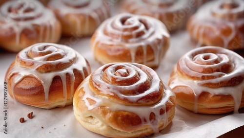 Freshly baked buns in a cozy café, served on a wooden tray with a cup of coffee. The warm, golden crust and soft texture create an inviting atmosphere. A perfect morning treat in a charming bakery set