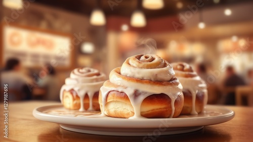 Freshly baked buns in a cozy café, served on a wooden tray with a cup of coffee. The warm, golden crust and soft texture create an inviting atmosphere. A perfect morning treat in a charming bakery set