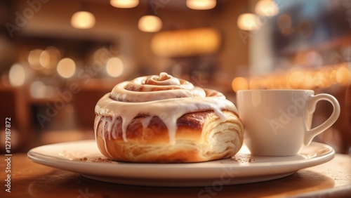 Freshly baked buns in a cozy café, served on a wooden tray with a cup of coffee. The warm, golden crust and soft texture create an inviting atmosphere. A perfect morning treat in a charming bakery set