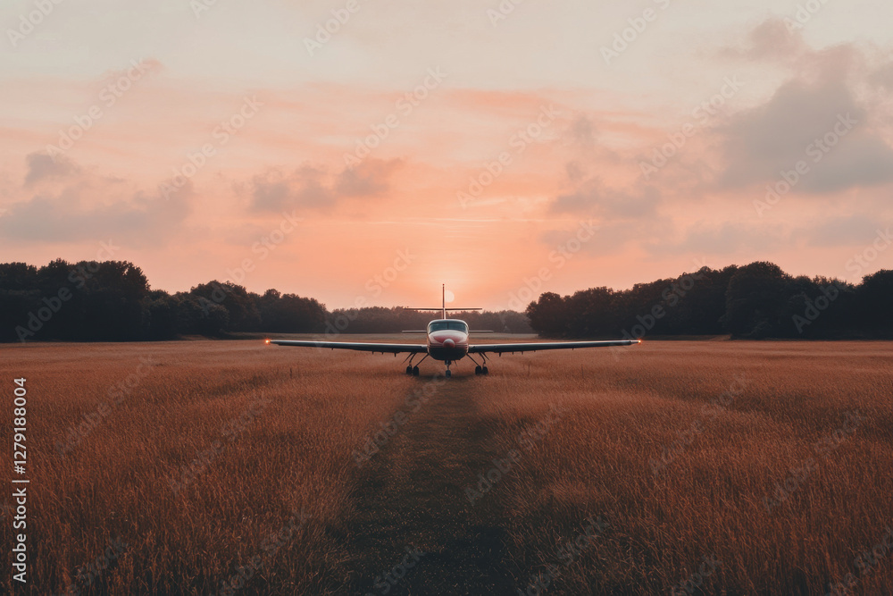 Fototapeta premium A small plane is sitting on a runway in a field