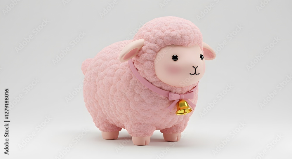 Cute Pink Sheep Figurine with Bell Standing on White Background Cute Pink Sheep Figurine with Bell Standing on White Background