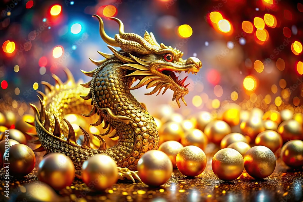 Fototapeta premium Golden Dragon Festive Celebration Ornate Spheres AI Art