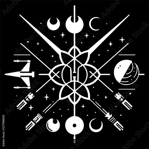A minimalist black-and-white poster combining Star Wars symbols and the phrase 