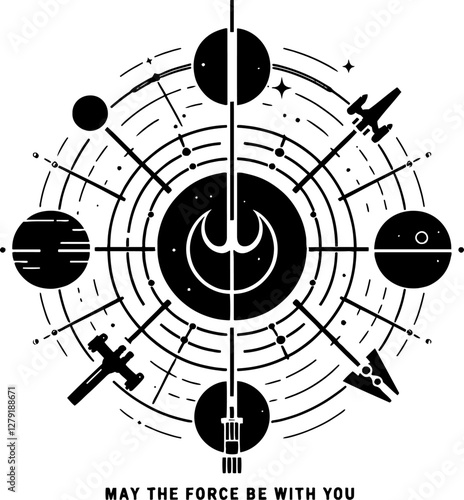 A minimalist black-and-white poster combining Star Wars symbols and the phrase 