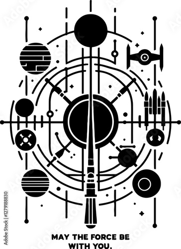 A minimalist black-and-white poster combining Star Wars symbols and the phrase 