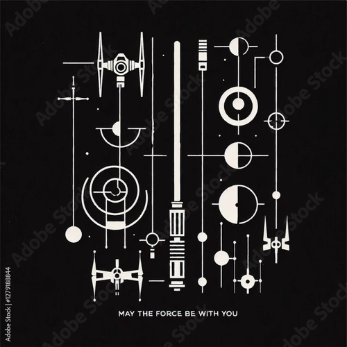 A minimalist black-and-white poster combining Star Wars symbols and the phrase 