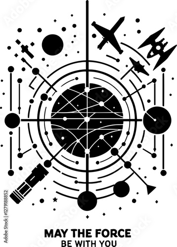 A minimalist black-and-white poster combining Star Wars symbols and the phrase 