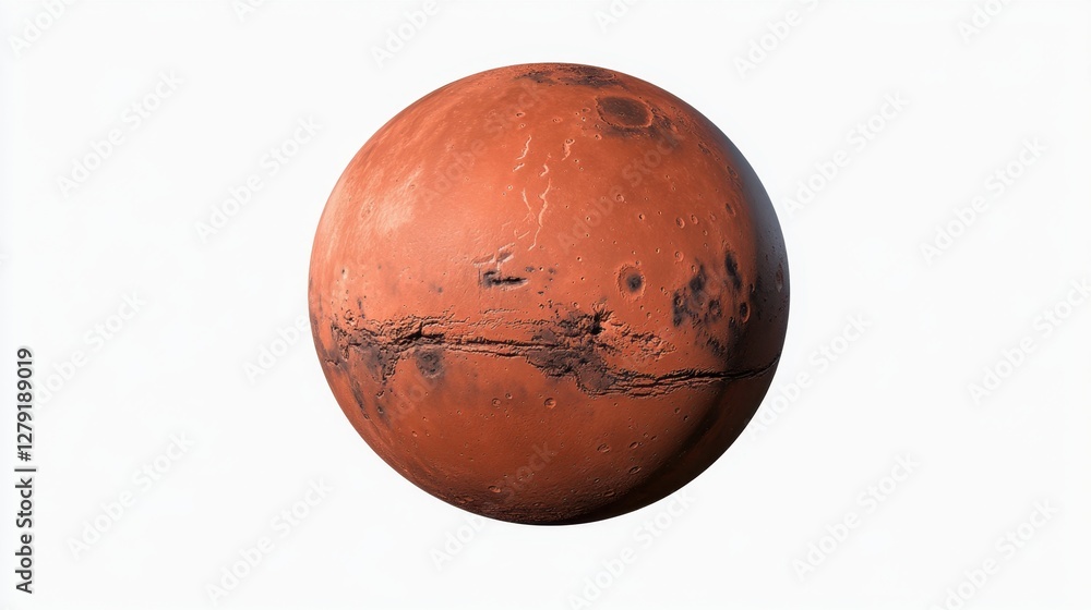 Detailed 3D rendering of a planet, showcasing its rusty red surface, dark patches, and spherical shape against a white background. The planet's Detailed 3D rendering of a planet, showcasing its rusty red surface, dark patches, and spherical shape against a white background. The planet's