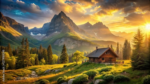 Golden Serenity Mountain Landscape Mid-Century Dreamy AI Art