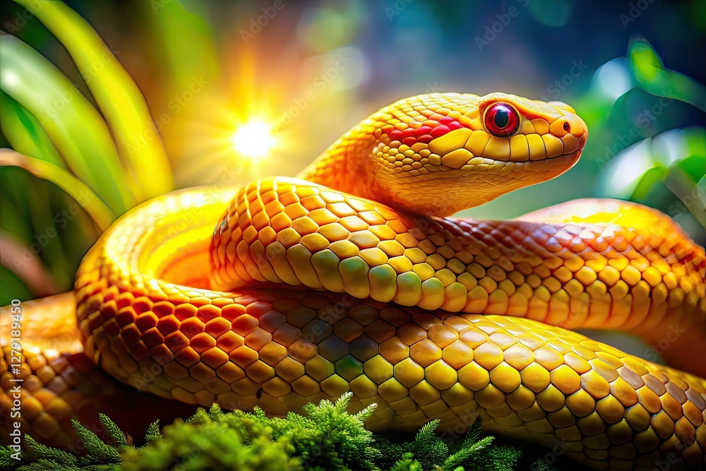 Fototapeta premium Golden Snake Double Exposure, Bright Snake Photo, AI Art, Snake Photography, Nature, Wildlife, Exotic, Serpent, Reptilian, Gold, Light, Bright, Glow, Fantasy, Surreal, Double Exposure Effect, Golde