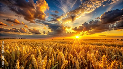 Golden Sunset Wheat Field, Glowing Light, Landscape Photography