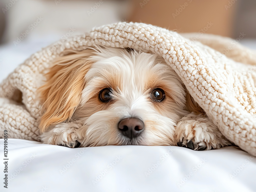 Cuddly white puppy peeking from under cozy blanket, exuding warmth and comfort. This adorable scene captures essence of relaxation and companionship Cuddly white puppy peeking from under cozy blanket, exuding warmth and comfort. This adorable scene captures essence of relaxation and companionship