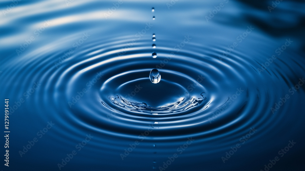 A single water droplet falling into a still pond, creating perfect ripples that spread outward A single water droplet falling into a still pond, creating perfect ripples that spread outward