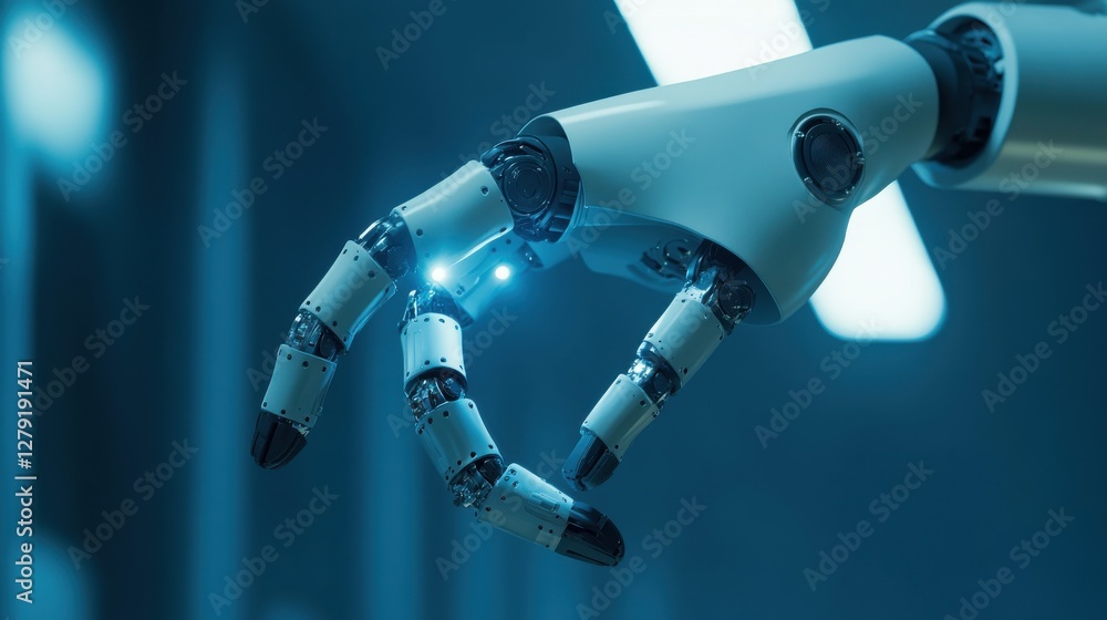 Robotic Hand Reaching Out with Soft Blue Light in Futuristic Setting Robotic Hand Reaching Out with Soft Blue Light in Futuristic Setting