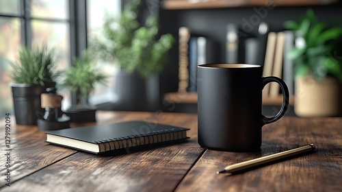 Simple desk setting with a black coffee mug minimalist notebook and vintage pencil