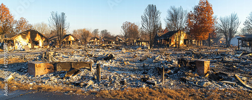 Risk assessment and compensation in property insurance coverage, Burned residential neighborhood with destroyed homes and debris after devastating fire