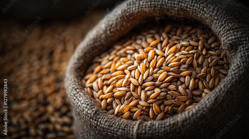 Obraz premium Close-up of brown rice in burlap sack, rustic background