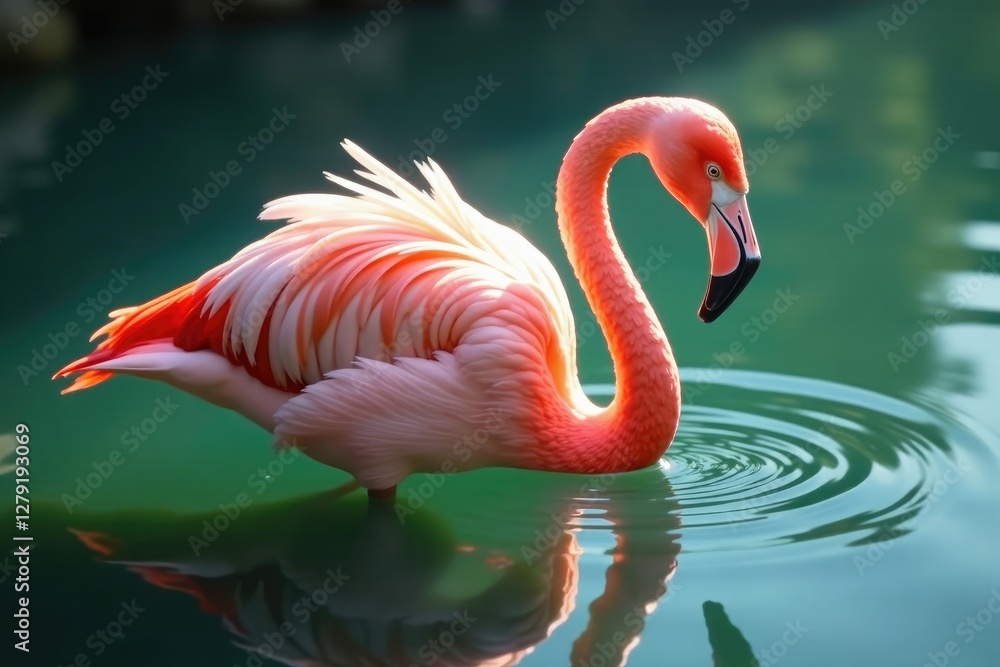 Obraz premium Pink feathers glisten in sunlight on water's surface, morning light, flamingo, watery depths