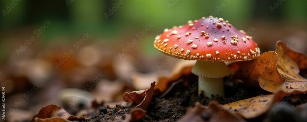 Obraz premium Pinwheel mushroom cap partially covered by rotting leaves, fungi, nature photography, forest floor