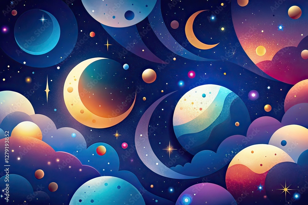 Fantasy Night Sky Pattern Illustration, Minimalist Art, Celestial Repeating Design Fantasy Night Sky Pattern Illustration, Minimalist Art, Celestial Repeating Design