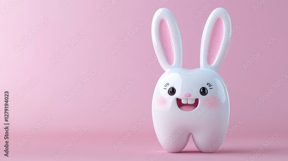 Obraz premium Cute cartoon bunny with big eyes and long ears on pink background. Easter, Pascha, Paskha, Ostern, Pascua, Paques - Orthodox and Catholic Holiday celebration