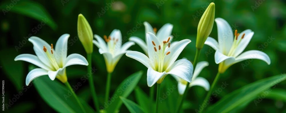 Fototapeta premium Pure white lily flowers isolated against dense green foliage, bloom, solitary