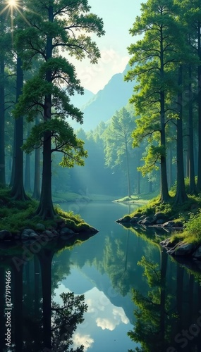 Serene forest landscape with towering trees reflected in calm lake waters, tree, peaceful, woodland