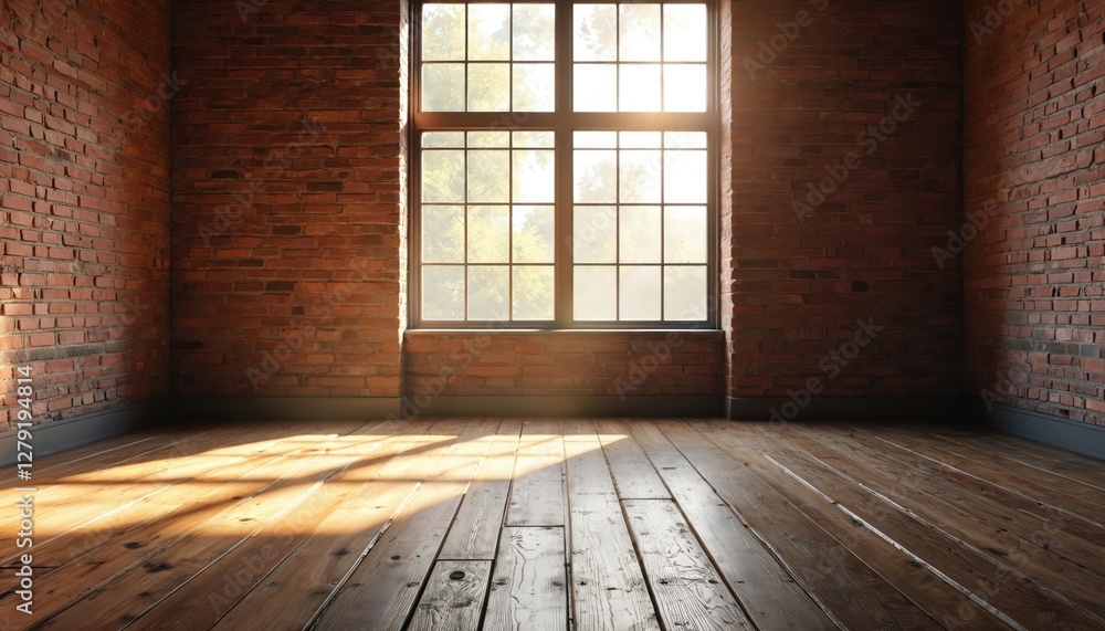 Rustic loft space featuring brick wall, large window allowing soft natural light illuminating wooden floor. Warm inviting atmosphere with architectural details like high ceiling, vintage vibe. Empty Rustic loft space featuring brick wall, large window allowing soft natural light illuminating wooden floor. Warm inviting atmosphere with architectural details like high ceiling, vintage vibe. Empty
