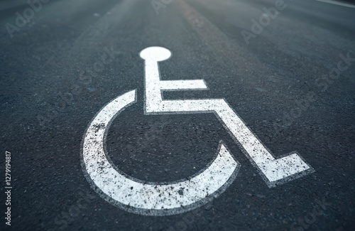 Handicapped parking spot sign painted in white on dark asphalt road. Symbol for disabled person accessibility, inclusion, medical care. Disability awareness, support, compassion for people with