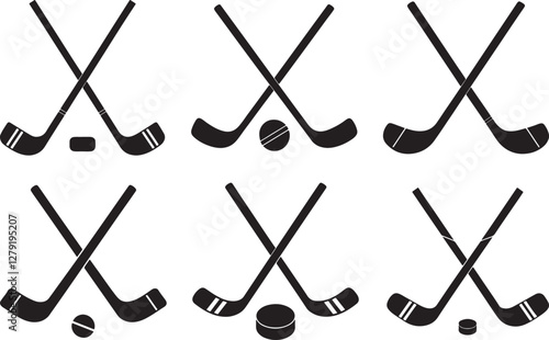 set of crossed hockey stick and puck silhouette, black and white silhouette, vector and illustration