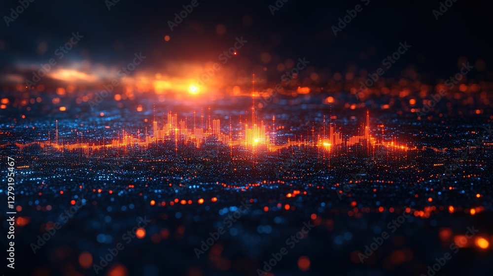 Obraz premium Vibrant abstract digital landscape with glowing peaks and valleys, resembling sound waves at dusk