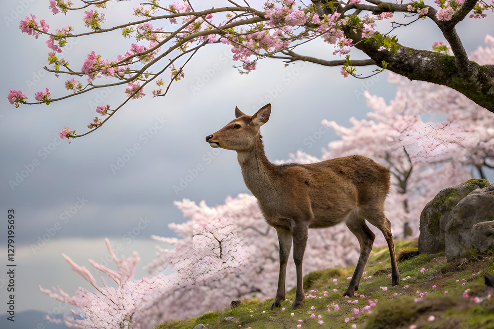 A captivating shot of a sika deer amidst cherry blossoms in Japan A captivating shot of a sika deer amidst cherry blossoms in Japan