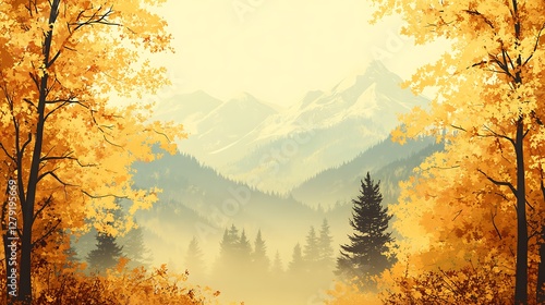 A vibrant autumn forest scene featuring anime-style aesthetics and golden leaves.