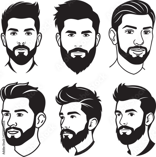 set of handsome man hairstyle silhouette, black and white silhouette, vector and illustration