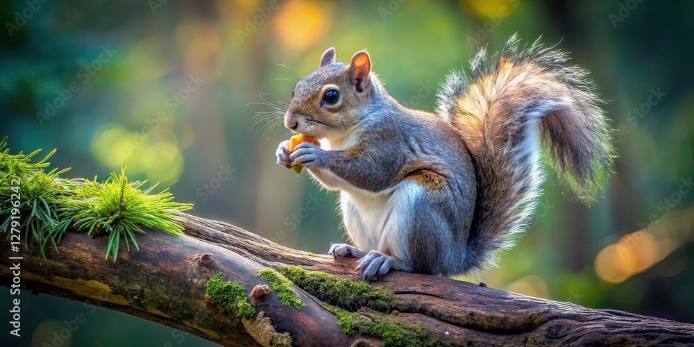 Grey Squirrel Eating on Branch, Forest Scene, Conceptual Photography Grey Squirrel Eating on Branch, Forest Scene, Conceptual Photography