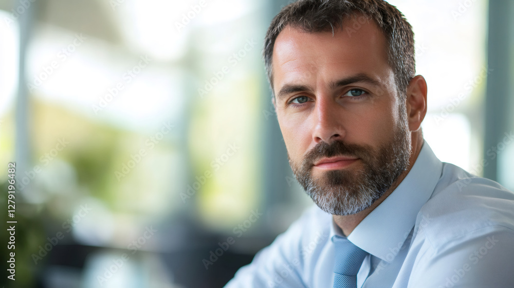 Portrait of a middle-aged businessman wearing a shirt and tie, looking serious in a bright office Portrait of a middle-aged businessman wearing a shirt and tie, looking serious in a bright office