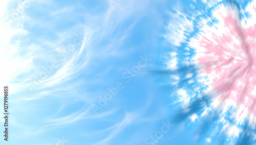 Abstract tie-dye pattern in pink and blue, resembling clouds and sky, perfect for backgrounds or textile designs