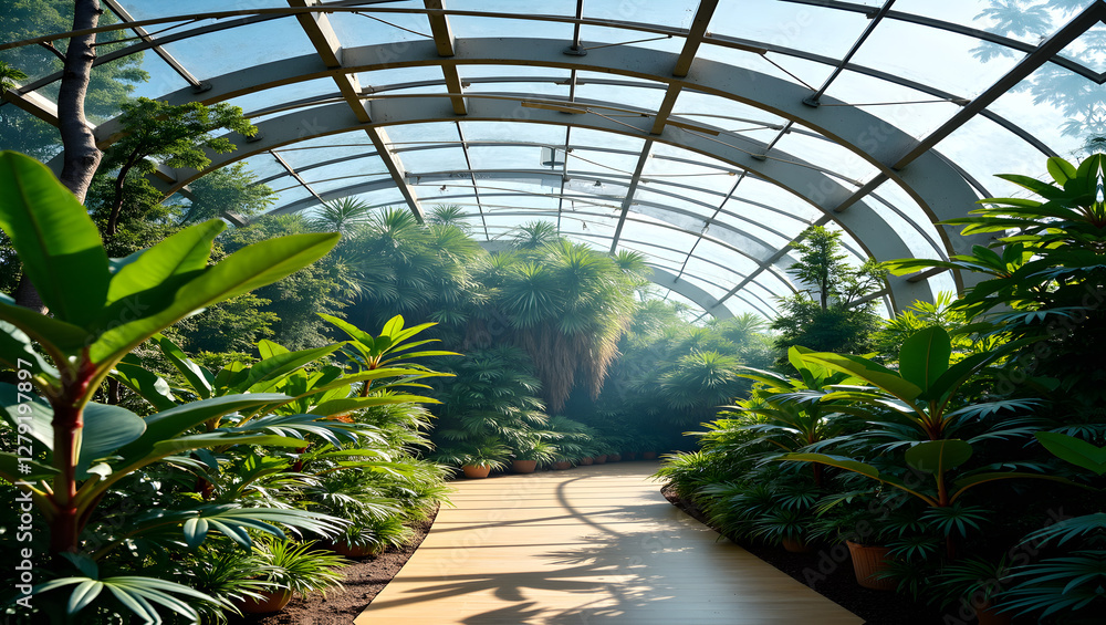 Glass Dome Biodome Filled With Exotic Plants and Artificial Sunlight Glass Dome Biodome Filled With Exotic Plants and Artificial Sunlight