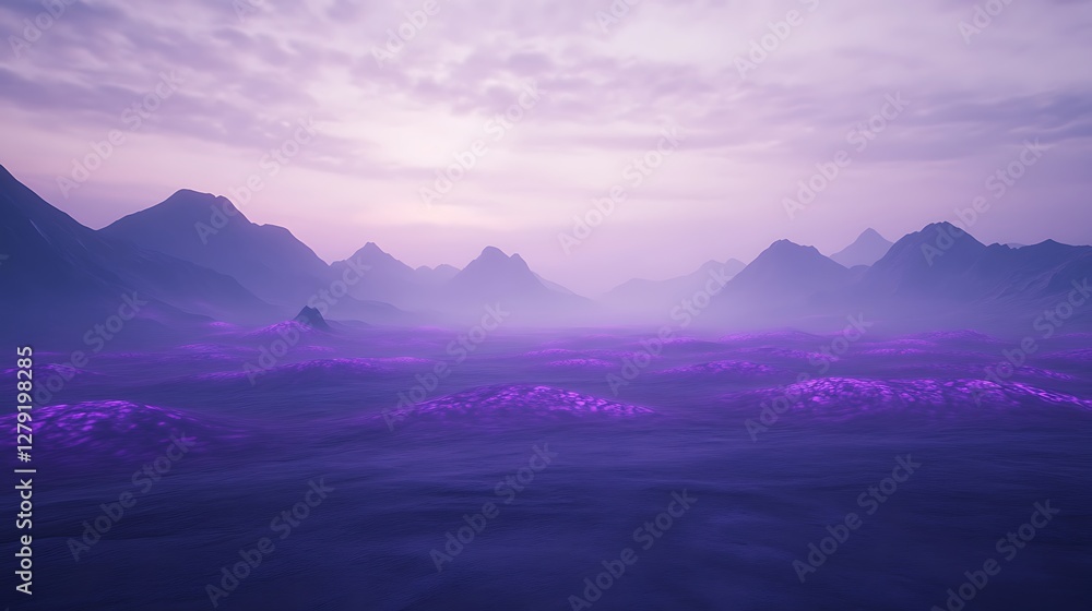 A surreal desert landscape featuring glowing purple dunes under a starry sky. A surreal desert landscape featuring glowing purple dunes under a starry sky.